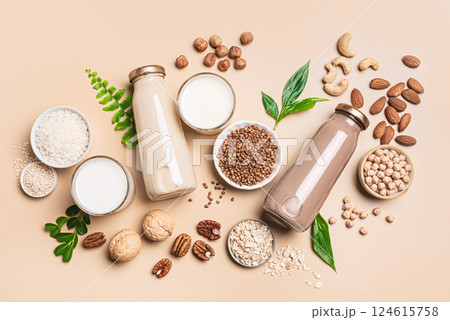 Vegan plant based milk and ingredients. Substitute drink Vegan plant based milk and ingredients. Substitute drink 124615758