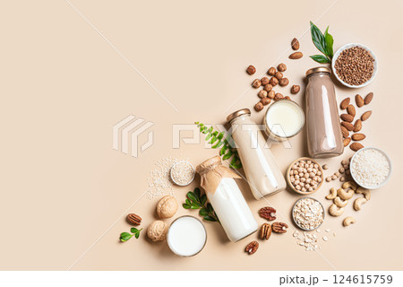 Various vegan plant based milk and ingredients. Substitute drink Various vegan plant based milk and ingredients. Substitute drink 124615759