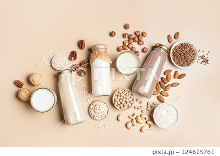 Various vegan plant based milk and ingredients 124615761
