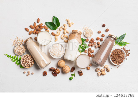Various vegan plant based milk and ingredients Various vegan plant based milk and ingredients 124615769