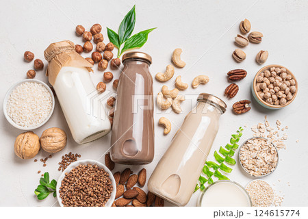 Various vegan plant based milk and ingredients Various vegan plant based milk and ingredients 124615774