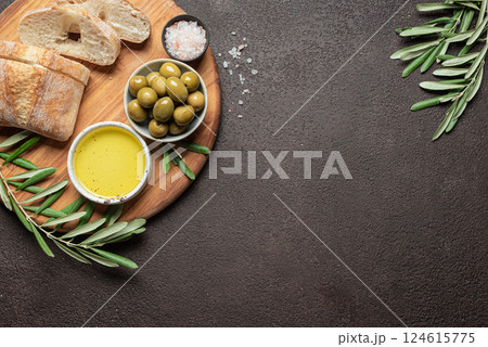 Olive Oil, Olives and Bread 124615775