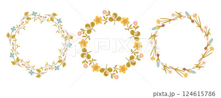 Spring flower circle frame set. Floral circle frame. Hand drawn botanical round border, laurel, wreath with branches, leaves and flowers illustration for wedding invitation, card, logo 124615786