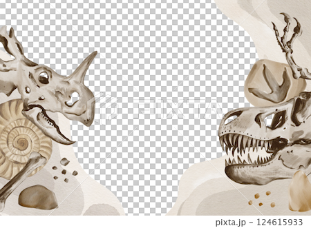 Frame with dinosaur fossils and cerepi. Ammonites and fossils. Predator tracks and big stones. Watercolor illustration isolated from background. Hand drawing. High quality illustration 124615933