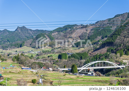 春空の田園風景に映える　あまてらす鉄道「高千穂の風をスーパーカート」宮崎県西臼杵郡高千穂町大字三田井 124616100