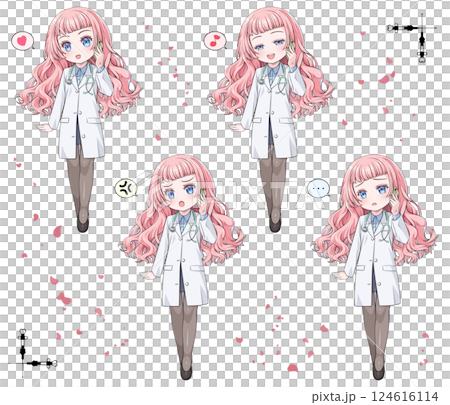 粉紅色頭髮的動漫風格醫生用智慧型手機打電話 / 一組 4 種表情，分別為喜悅、憤怒、悲傷和快樂 / 帶有裝飾邊框 124616114