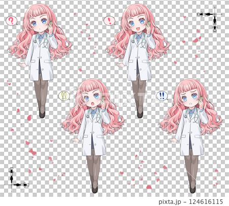 Pink-haired anime-style doctor making a phone call on his smartphone / Set of 4 surprised expressions / Comes with decorative border for corners 124616115