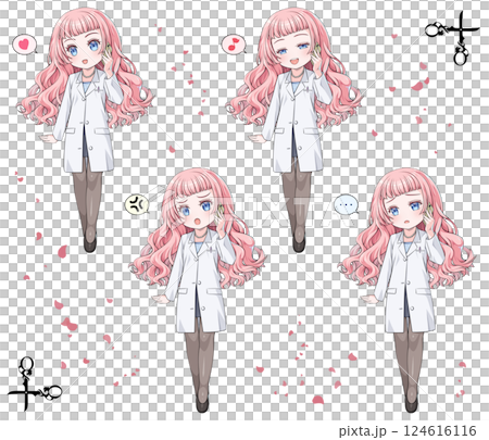 粉紅色頭髮的動漫風格藥劑師用智慧型手機打電話 / 一組 4 種表情,分別為喜悅、憤怒、悲傷和快樂 / 帶有裝飾邊框 粉紅色頭髮的動漫風格藥劑師用智慧型手機打電話 / 一組 4 種表情,分別為喜悅、憤怒、悲傷和快樂 / 帶有裝飾邊框 124616116