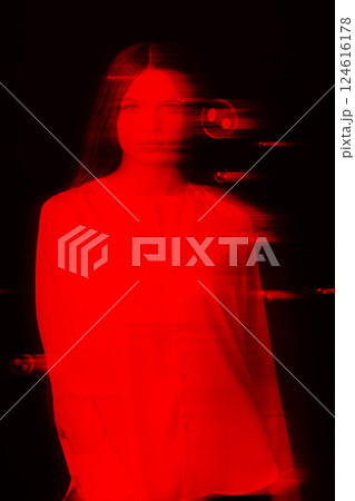 Abstract woman portrait in neon glitch hologram effect Abstract woman portrait in neon glitch hologram effect 124616178