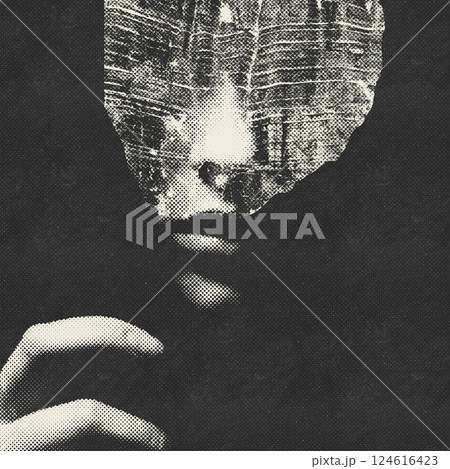 Part of woman face in black shadow background halftone pattern illustration Part of woman face in black shadow background halftone pattern illustration 124616423