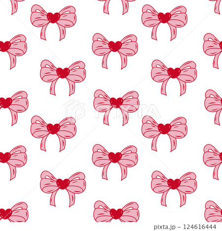 Beautiful pattern of pink bows with red hearts on a white background 124616444