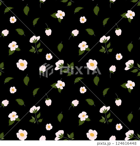 Floral pattern with white flowers and green leaves on a black background showcasing elegance 124616448