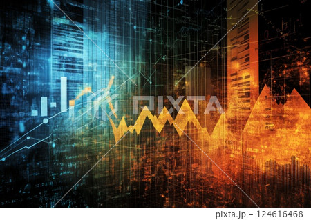 Financial trading concept with graphs and charts overlaying on a digital background. 124616468