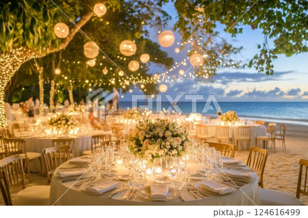 Event venue near sea with table settings. Event venue near sea with table settings. 124616499