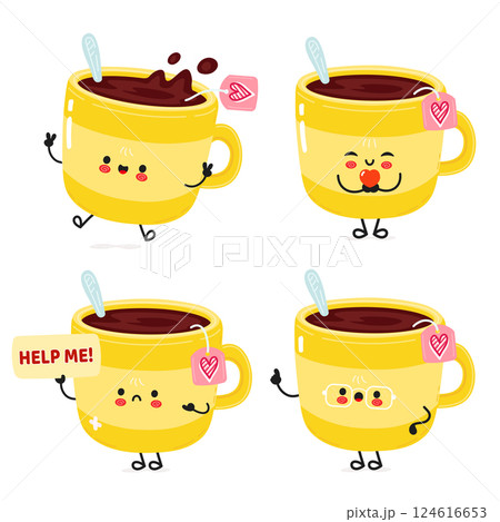 Adorable tea cups collection showcasing various emotions and poses, ideal for beverage-related themes. 124616653