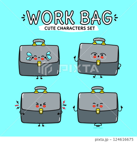 Four expressive work bag characters showcase different emotions in a fun and playful style, perfect for visual content. 124616675