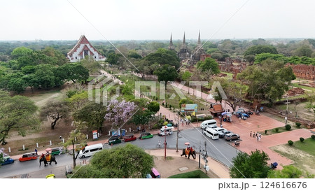 Tourists ride an elephant through the streets of Ayutthaya cultural. 124616676