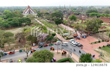 Tourists ride an elephant through the streets of Ayutthaya cultural. 124616678
