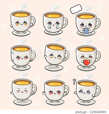 Collection of adorable kawaii coffee cups displays varied, expressive emotions in a charming illustration. 124616694
