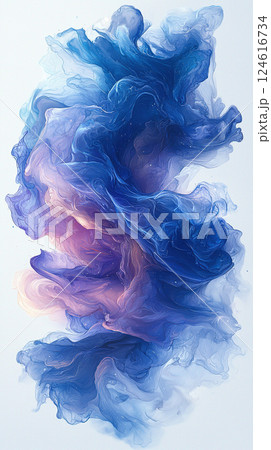 Ethereal dark blue and light pink cloud swirling in an abstract smoky watercolor design. 124616734