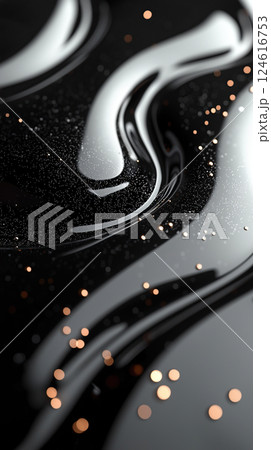 Elegant black and silver waves swirl with glitter and bokeh lights to form a mesmerizing design. 124616753