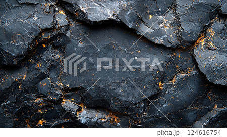 Detailed close-up reveals the fractured texture of a dark stone with delicate gold accents. 124616754