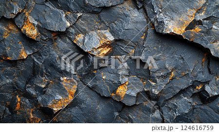 Detailed dark rock surface with golden mineral accents provides a rich, natural texture. 124616759