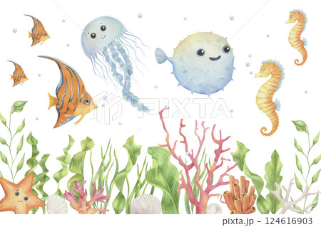 cartoon sea animals under sea cartoon sea animals under sea 124616903