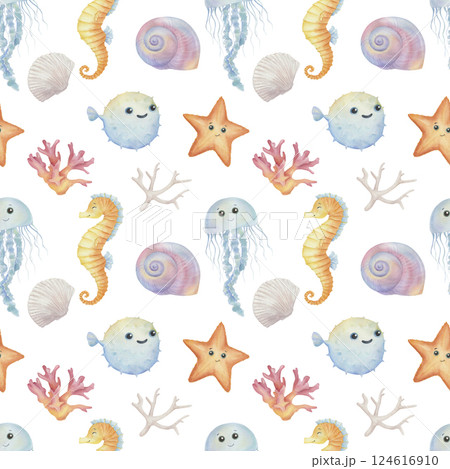 Cartoon seamless pattern of cute marine animals, sea life Cartoon seamless pattern of cute marine animals, sea life 124616910
