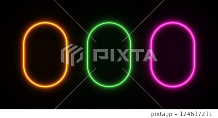 Neon light of a rectangle rounded frame. LED glow of a portal. Set of fluorescent oval doors on a black isolated background. 124617211