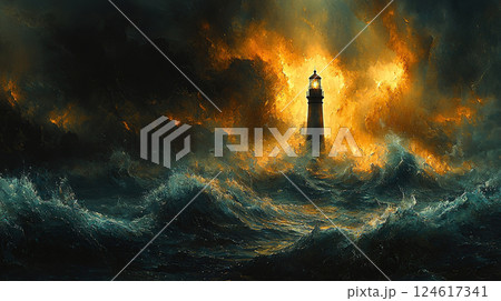 A lone lighthouse bravely illuminates the tumultuous sea during a dramatic storm. 124617341