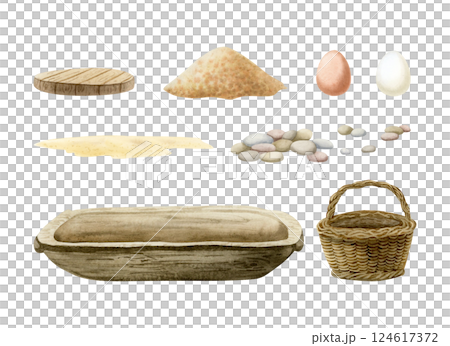 Farm landscape elements watercolor illustration set. Wicker basket, eggs, stones, sand ground, millet for chickens and wooden feeding trough isolated clipart. Farmhouse rustic accessories 124617372