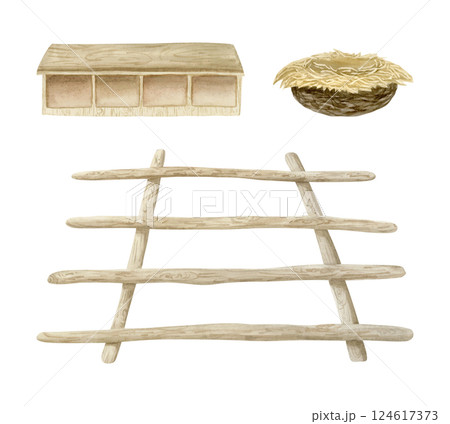 Chicken coop with roosting perch ladder, nest and nesting boxes watercolor illustration isolated on white background. Hand drawn wooden hen house furniture for poultry yard and farm designs Chicken coop with roosting perch ladder, nest and nesting boxes watercolor illustration isolated on white background. Hand drawn wooden hen house furniture for poultry yard and farm designs 124617373