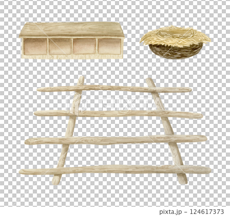 Chicken coop with roosting perch ladder, nest and nesting boxes watercolor illustration isolated on white background. Hand drawn wooden hen house furniture for poultry yard and farm designs Chicken coop with roosting perch ladder, nest and nesting boxes watercolor illustration isolated on white background. Hand drawn wooden hen house furniture for poultry yard and farm designs 124617373