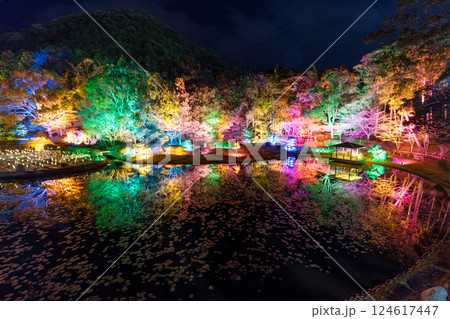 水面に映る紅葉 124617447