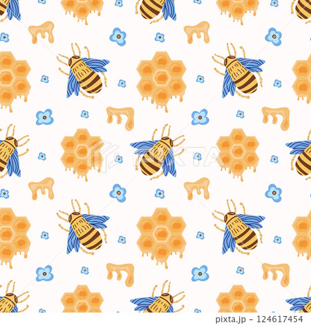 Bees, flowers, honeycombs with honey seamless pattern drawn in doodle style, vector. Background for beekeeping, bright spring children pattern with yellow honeycombs of honey. For packaging, textiles. Bees, flowers, honeycombs with honey seamless pattern drawn in doodle style, vector. Background for beekeeping, bright spring children pattern with yellow honeycombs of honey. For packaging, textiles. 124617454