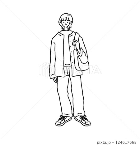 カジュアルでシンプルな服装の女性　線画 124617668