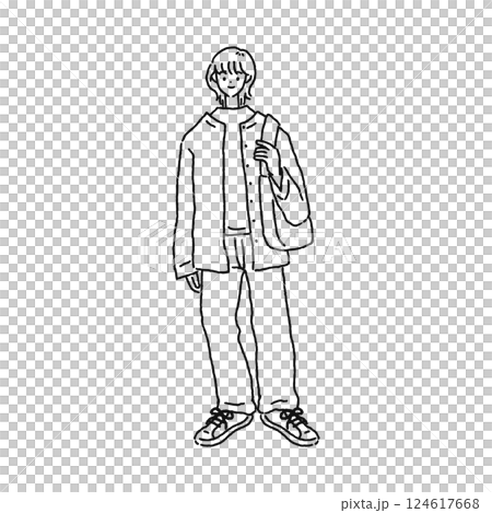 カジュアルでシンプルな服装の女性　線画 124617668