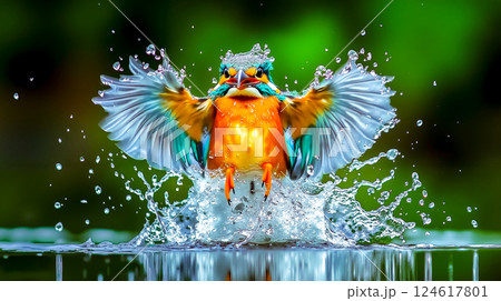 A colorful bird that is splashing water on itself 124617801