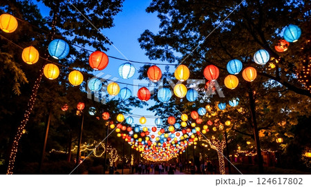 A street filled with lots of colorful paper lanterns hanging from the trees 124617802