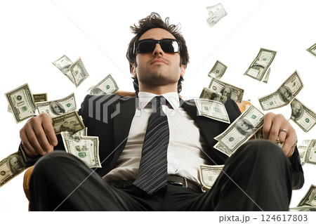 スーツ姿の男性と紙幣が舞うラグジュアリーな成功イメージ 124617803