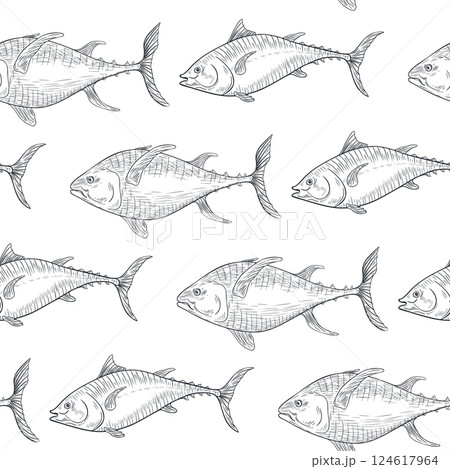 Tuna fish black white vector seamless pattern. Sea fish monochrome sketch hand drawn repeated texture. Yellowfin tuna engraving ink background. Kingfish graphic for design textile, wrapping paper. 124617964