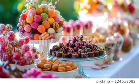 A beautifully arranged candy buffet with a variety of chocolates, lollipops, and colorful sweets 124618082