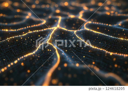 A glowing neural network structure with interconnected nodes and lines on a dark, futuristic background, symbolizing artificial intelligence 124618205