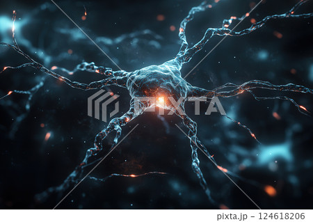 A glowing neural network structure with interconnected nodes and lines on a dark, futuristic background, symbolizing artificial intelligence 124618206