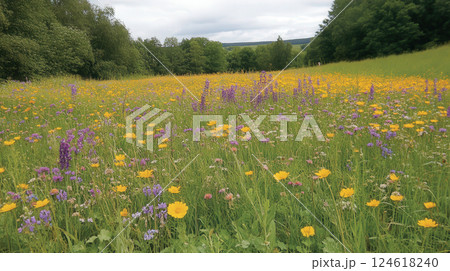 A meadow filled with vibrant wildflowers in bloom, with a soft focus on the background 124618240