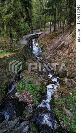 Small wooden bridge crossing a stream in pruhonice, czechia 124618349