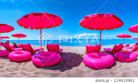 A beach filled with lots of pink umbrellas and lounge chairs 124618962