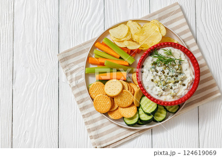 creamy yogurt pickles caper dill dip in red bowl creamy yogurt pickles caper dill dip in red bowl 124619069