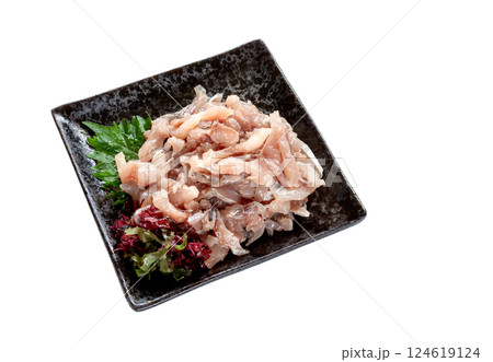 皿に盛った真鯵のたたき、なめろう【白背景・切り抜き】 124619124